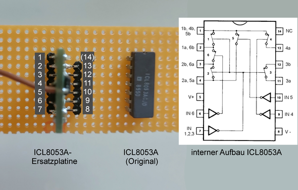Vergleich des Original ICL8053 mit der Ersatzplatine (Draufsicht)